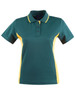 A green and yellow Ladies' TrueDry Contrast short-sleeve polo shirt with a collar and three buttons, featuring a logo.