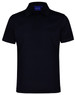 A black textured polo shirt featuring a collar and button placket, with a logo present.