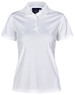 A white textured polo shirt for women, featuring a collared neckline and a logo on the label.