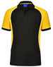 A black and yellow tri-colour polo shirt with short sleeves. It features a collar and has contrasting piping.