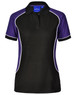 A ladies' polo shirt in black and purple with contrasting white piping and a collar. It features a logo.
