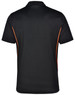 A black polo shirt featuring contrasting orange piping along the sides and a logo on the back.