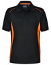 A black polo shirt with orange contrast panels, featuring a collar and button placket. It has a logo on the label.