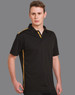 A short sleeve polo shirt in black with contrasting yellow stripes and a logo on the chest.
