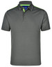 A short-sleeve polo shirt in grey with contrasting green accents and a subtle logo on the collar.