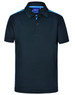 A navy blue short sleeve polo shirt with contrast turquoise detailing and a logo on the chest.