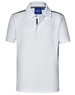A white short sleeve polo shirt with contrast details and a collar, featuring a logo on the chest.