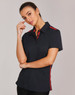 A navy blue polo shirt with short sleeves features red contrast stripes and a logo on the chest.