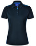 A black ladies' short sleeve polo shirt with contrasting blue side panels and a collar. Features a logo.