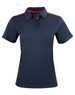 A navy ladies' short sleeve polo shirt with red contrast details and a logo on the chest.