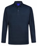 A navy long-sleeve polo shirt featuring a collar and buttons, with a logo on the chest.
