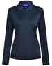 A long-sleeved polo shirt in dark navy with a collar and button placket, featuring a logo on the chest.