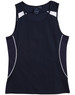 A navy singlet featuring white accents and mesh detailing, designed for ladies. It includes a logo.