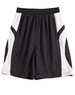 Kid's basketball shorts in black and white, featuring a logo and mesh panels for breathability.