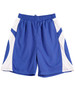 Kid's basketball shorts in blue with white mesh panels and an elastic waistband. Features a logo on the front.