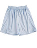 Light blue adults' soccer shorts with an elastic waistband and pleated design, featuring a logo.
