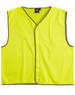 A bright yellow safety vest with grey trim, featuring a logo on the inside label.
