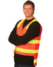 A high-visibility orange safety vest with reflective yellow stripes, worn by a smiling man.