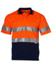 An orange and navy short-sleeve safety polo with reflective 3M tape and a pocket, featuring a logo on the front.