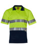 A high-visibility short-sleeve safety polo in fluorescent yellow with navy and reflective silver stripes, featuring a pocket.