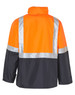 A Hi-Vis two-tone safety jacket in orange and black, featuring silver reflective strips and a collar.