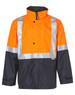 A Hi-Vis two-tone rainproof safety jacket in orange and navy, featuring reflective 3M tapes and a logo.