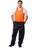 Men's cotton drill overall in navy blue with an orange vest. Features two front pockets and a logo.