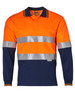 Men's long-sleeve safety polo shirt in orange and navy, featuring reflective strips and a pocket. Includes branding.