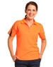 A bright orange ladies' polo shirt with a black accent, featuring a collar and short sleeves. It has a logo.