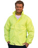A vibrant yellow hi-vis spray jacket featuring a collar, front pockets, and a branded logo.