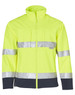 A bright yellow two-tone safety jacket with 3M reflective tape and a navy blue bottom section. It features a zip front and a logo.