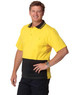 A man wearing a yellow and black two-tone safety polo shirt with a collar and pocket, featuring a branding logo.