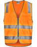 An orange safety vest with reflective silver strips and a front pocket, featuring a zip closure.