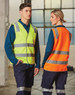 Hi vis safety vests in fluorescent yellow and orange, featuring reflective shoulder tapes, worn by a male and female model.