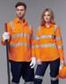 Two models wear orange safety shirts with silver reflective stripes, standing against a neutral background.