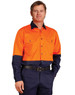 High-visibility orange and navy long-sleeve cotton work shirt with two chest pockets and a logo.