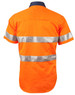 A bright orange safety shirt with silver reflective strips and a dark collar, designed for visibility and safety.