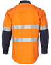 An orange and navy cotton drill shirt featuring reflective 3M tape, designed for workwear use. Includes a logo.