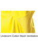 Close-up of a bright yellow safety shirt, featuring underarm cotton mesh ventilation for breathability.