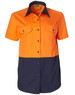 A short-sleeved safety shirt in bright orange and navy blue, featuring two chest pockets and a logo.