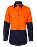 A long-sleeved safety shirt in hi-vis orange and navy, featuring two chest pockets and a logo.