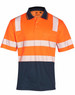 An orange and navy safety polo shirt with reflective stripes and a pocket, featuring a logo.