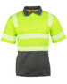 A safety polo shirt featuring fluorescent yellow and grey colours, with reflective stripes and a pocket on the front.