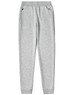 Grey poly/cotton terry sweat pants with two side pockets and ribbed cuffs. Features a logo.