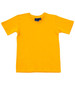 A bright yellow premium tee with a round neck and short sleeves, featuring a logo on the label.