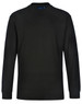 A black long-sleeve cotton crew neck t-shirt featuring a tag with a logo at the neckline.