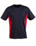 A black and red short-sleeved kids' T-shirt with contrast panel detailing. Features a logo on the front.
