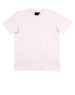 A fitted stretch tee in white, featuring a label with a logo on the neckline.