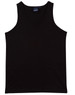 A black men's cotton singlet with a round neckline and no sleeves. It features a branding label.
