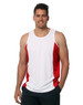 Men's singlet featuring white fabric with red contrast panels and a logo. Designed with a blend of style and comfort.